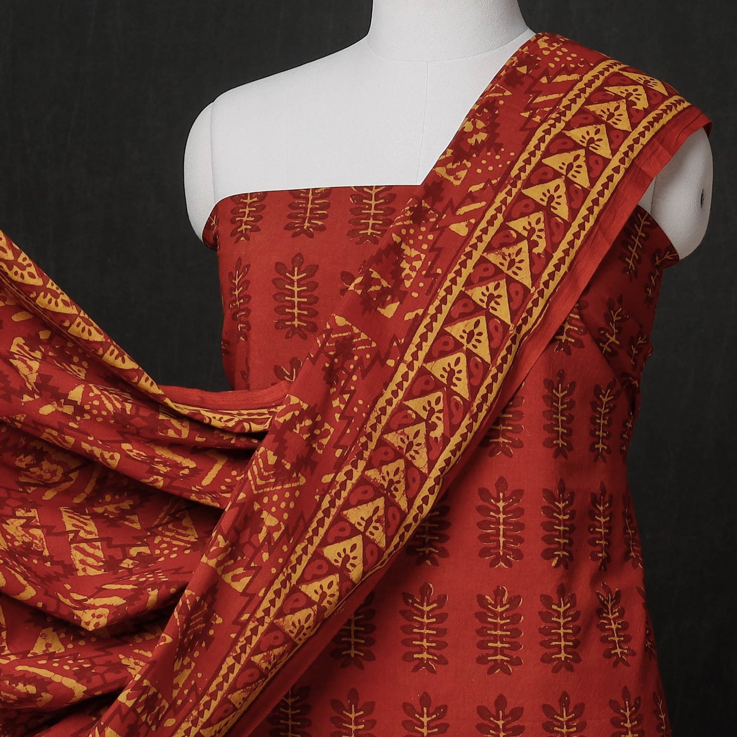 Red - 3pc Cotton Block Printed Pipad Dress Material Set