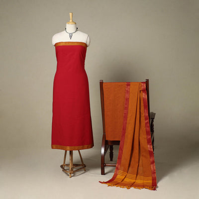 Red 3pc Cotton Unstitched Dharwad Dress Material