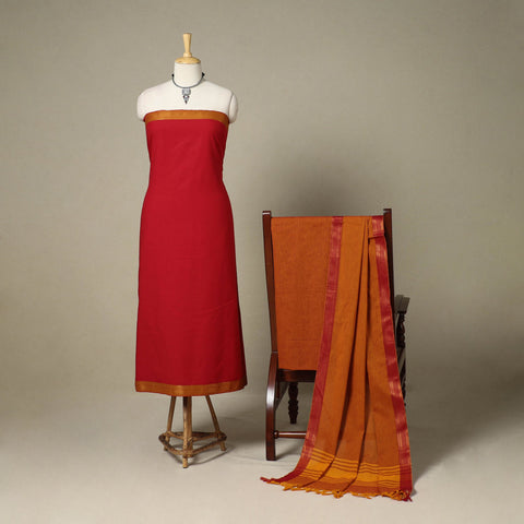 Red 3pc Cotton Unstitched Dharwad Dress Material