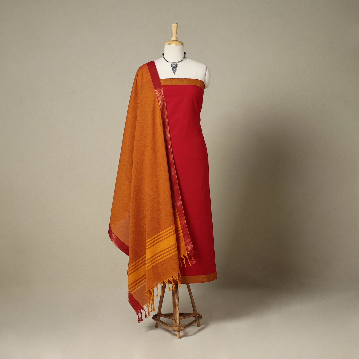 Red 3pc Cotton Unstitched Dharwad Dress Material