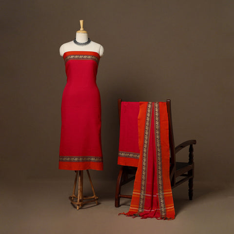 Red - 3pc cotton unstitched dharwad dress material