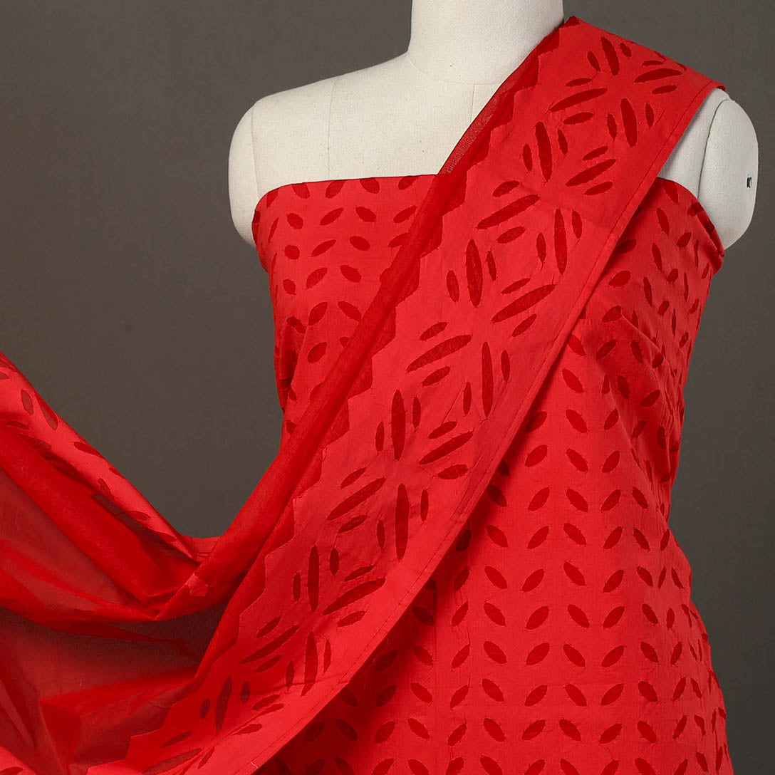 Buy Red 3pc Cut Work Cotton Barmer Applique Dress Material