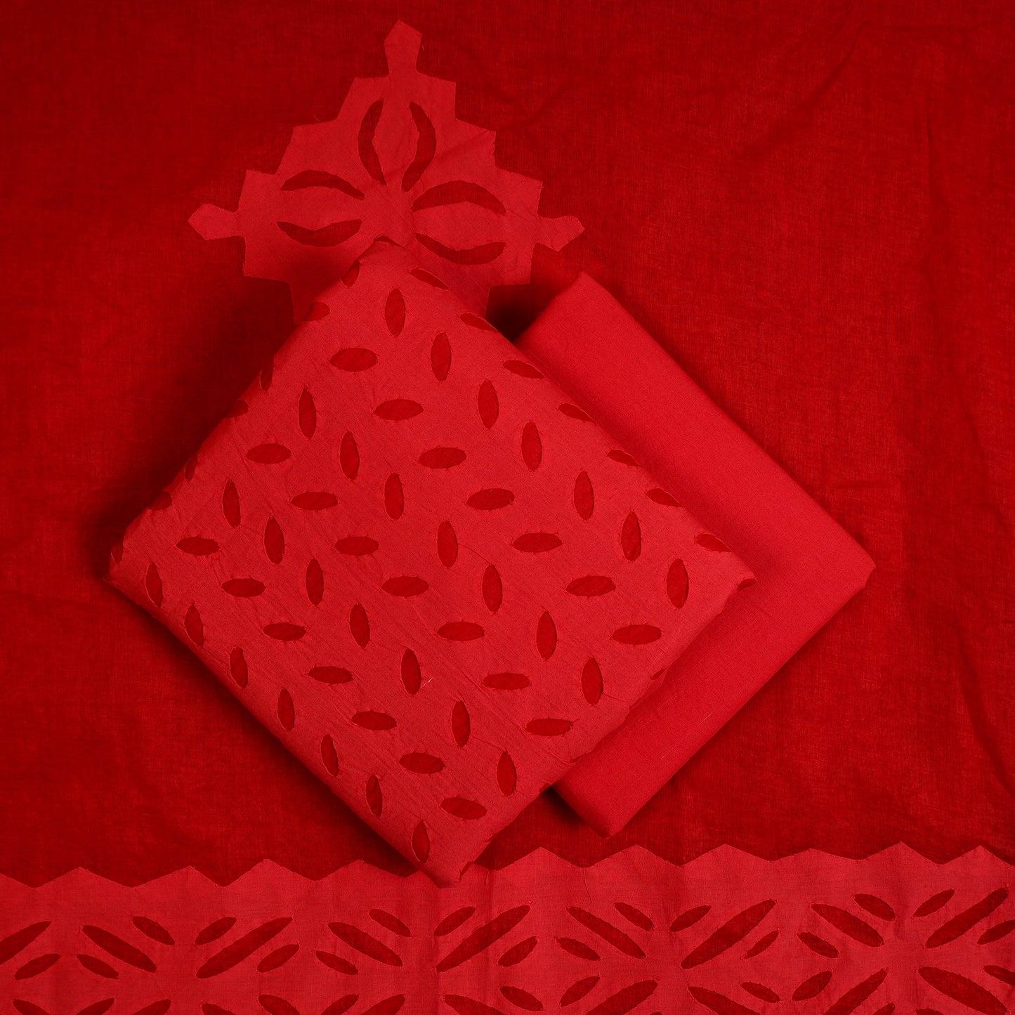 Buy Red 3pc Cut Work Cotton Barmer Applique Dress Material