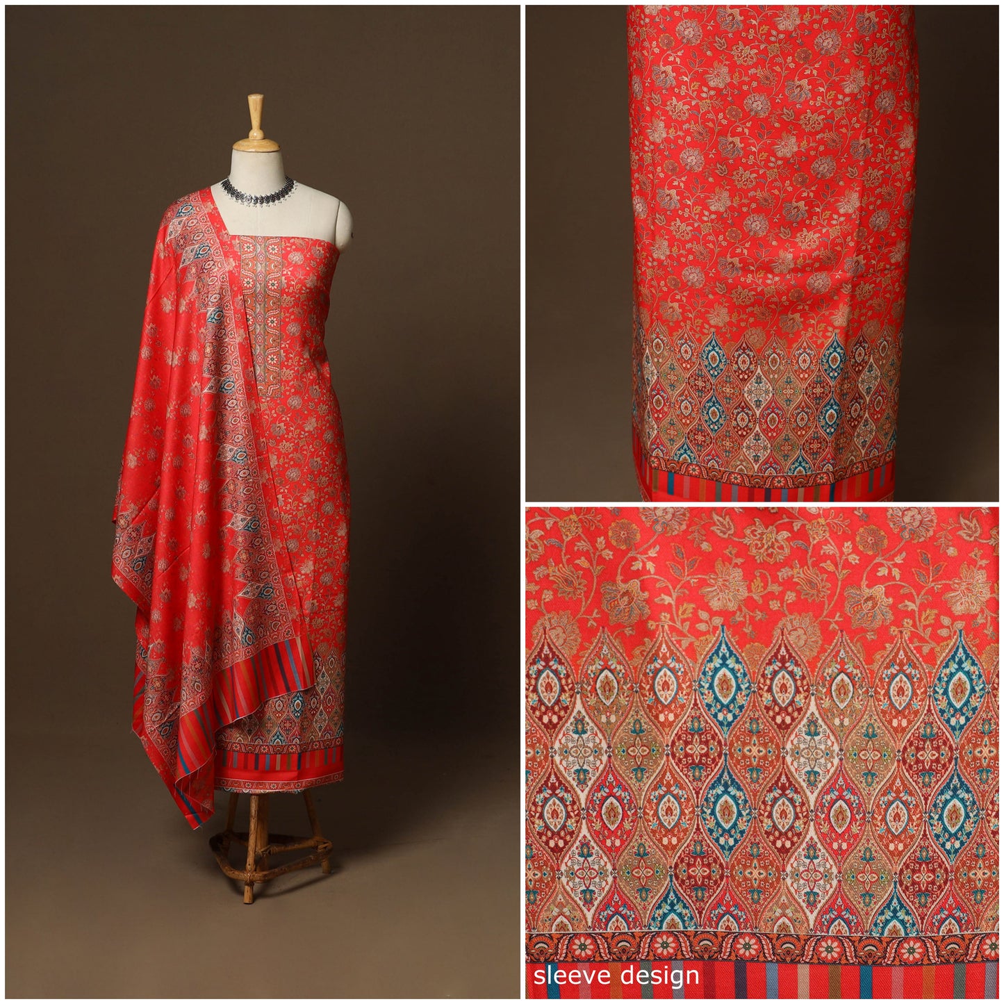 Red - 3pc digital merino wool unstitched dress material 44