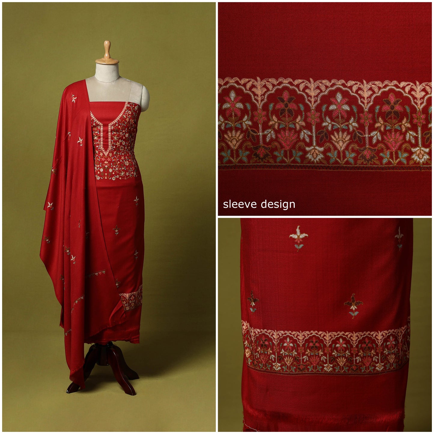 Red - 3pc embroidered merino wool unstitched dress material
