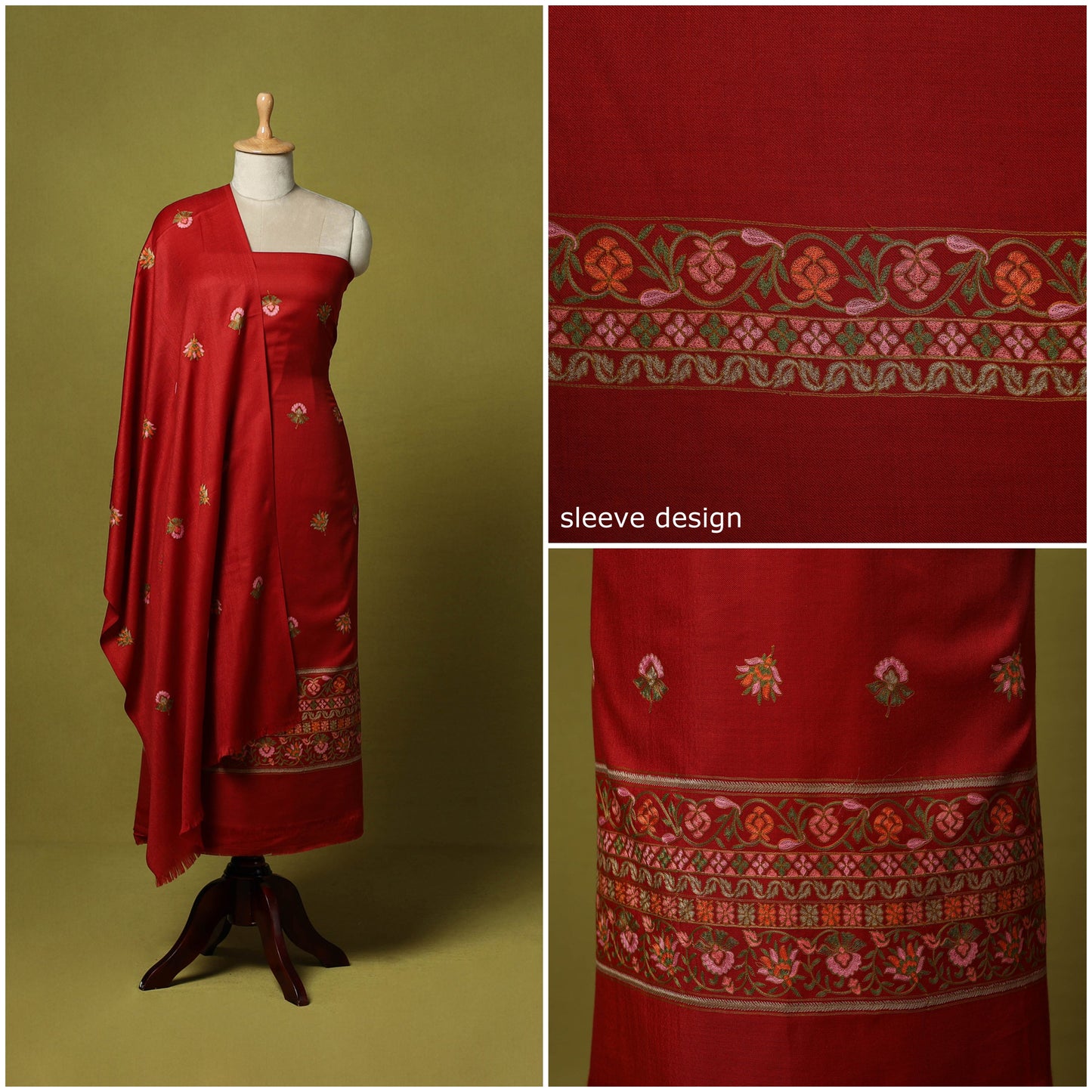 Red - 3pc embroidered merino wool unstitched dress material