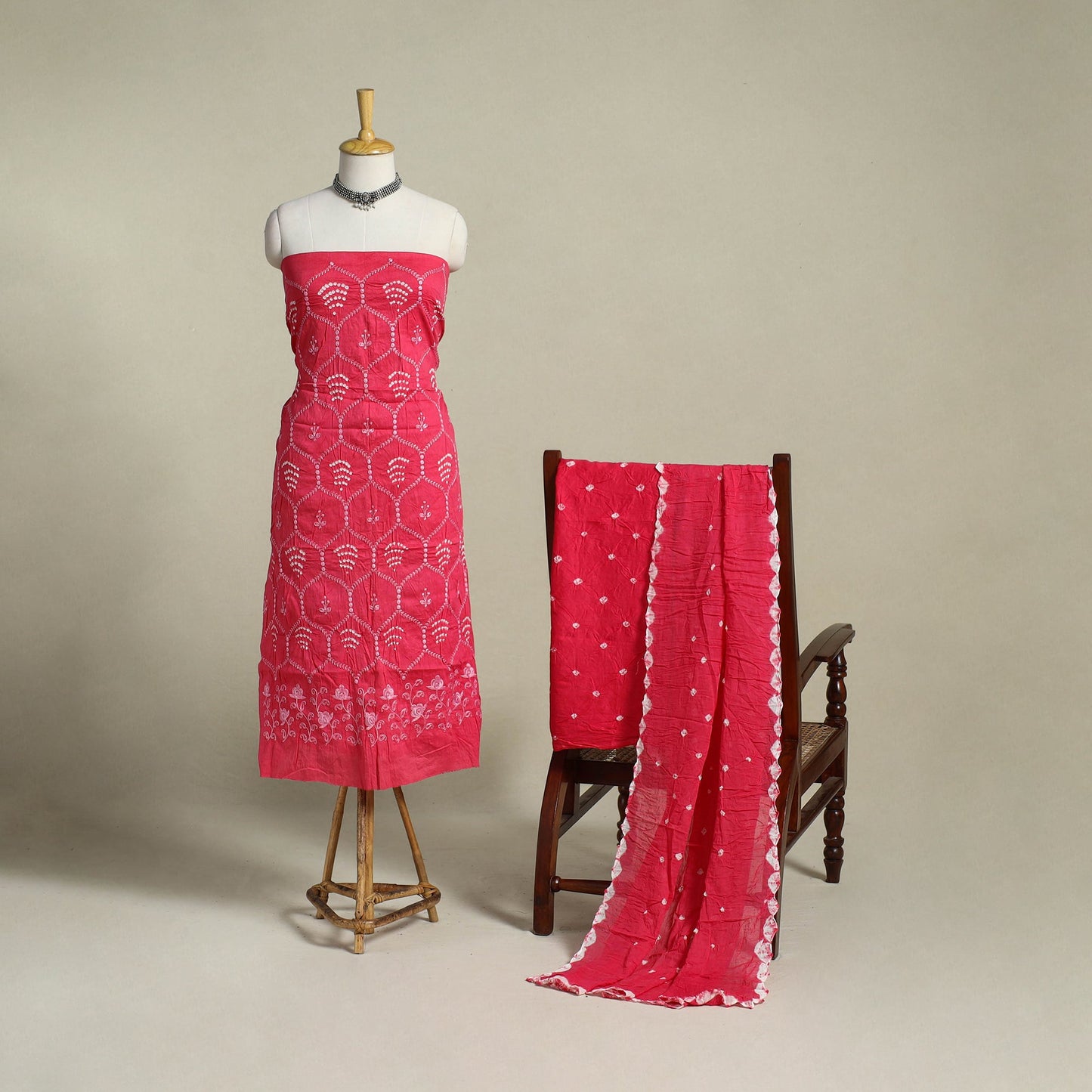 Red 3pc Embroidered Unstitched Kutch Bandhani Dress Material