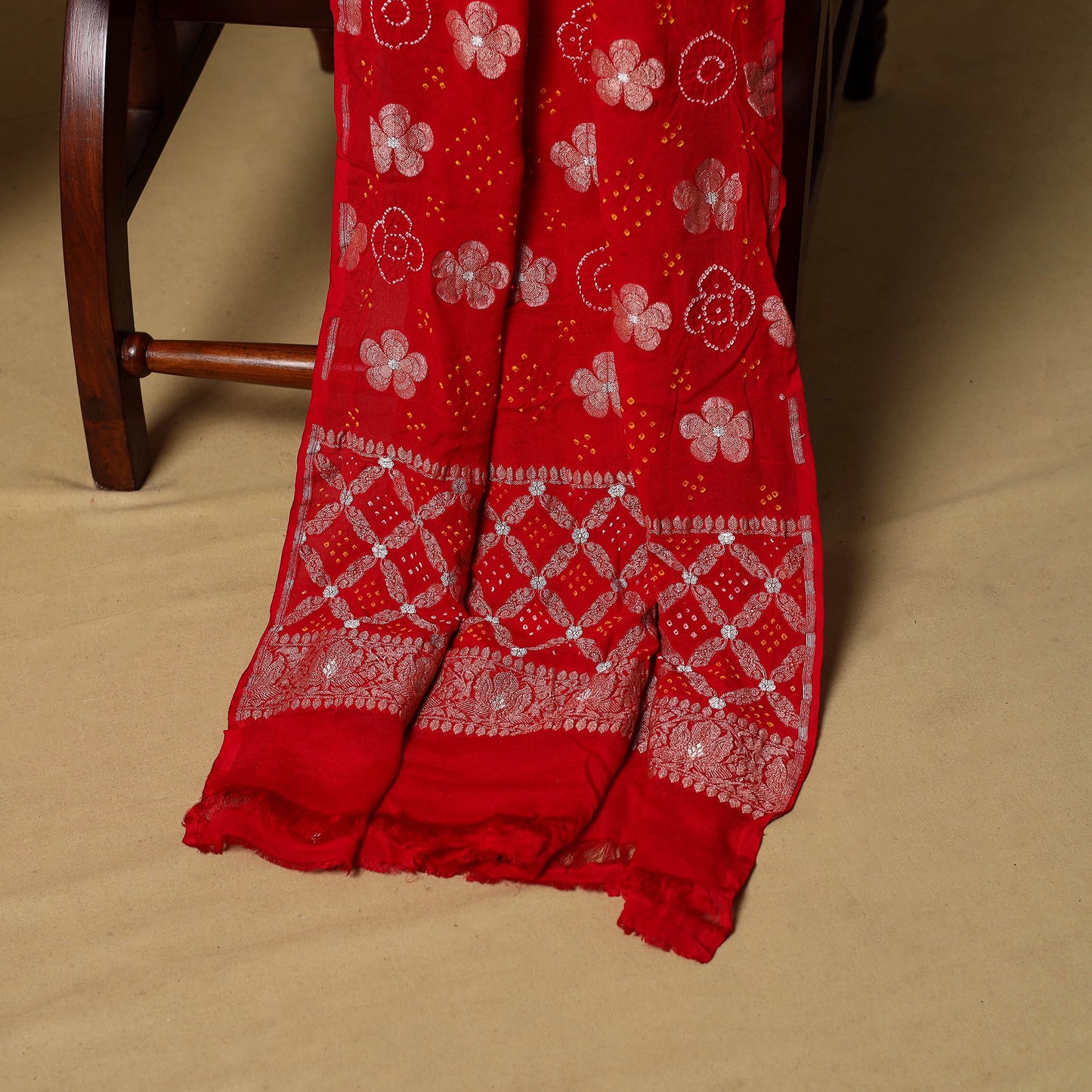 Red - 3pc georgette unstitched heavy zari bandhani &