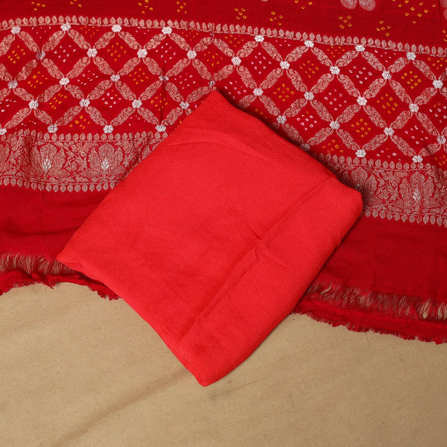 Red - 3pc georgette unstitched heavy zari bandhani &