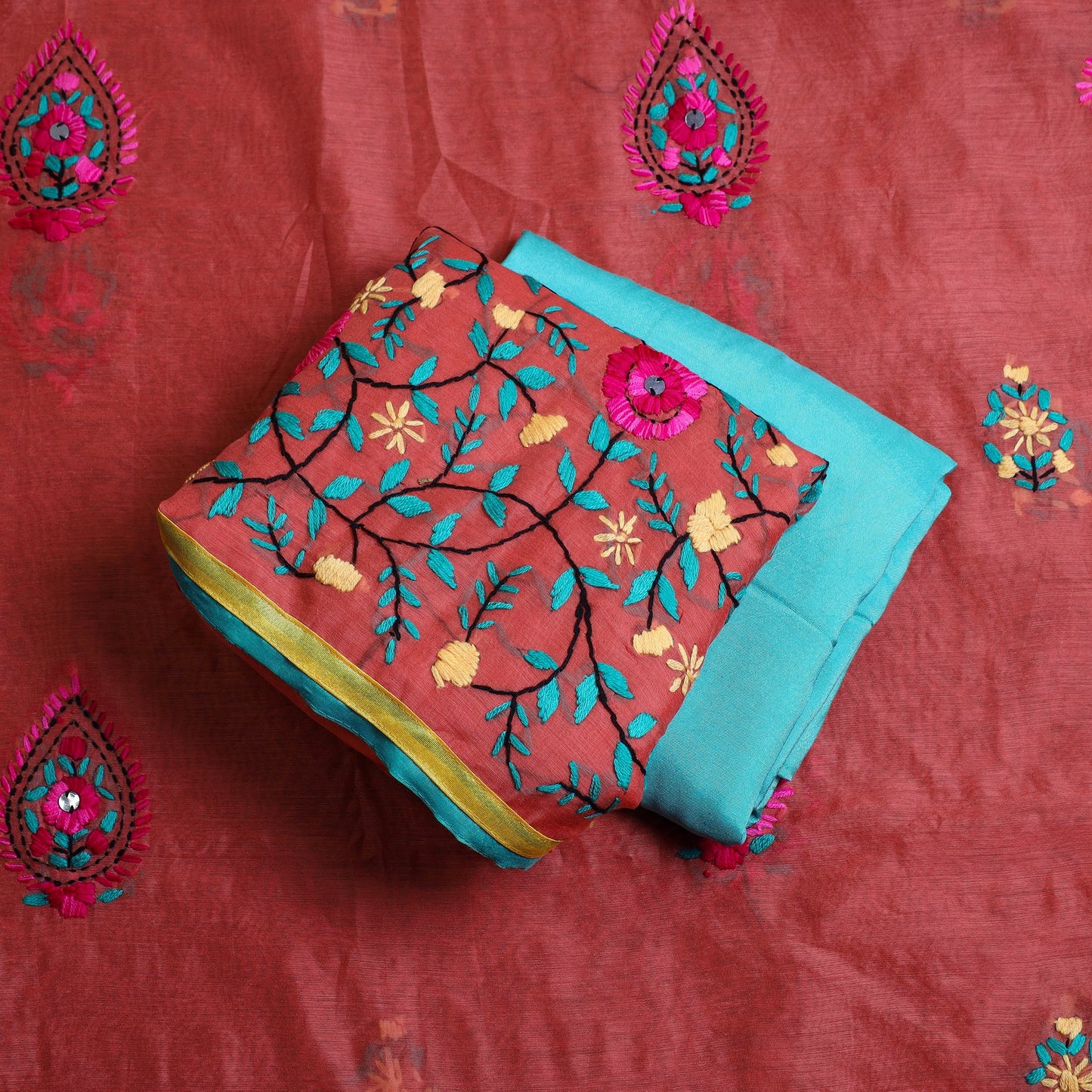 Red Phulkari Embroidery Dress Material 