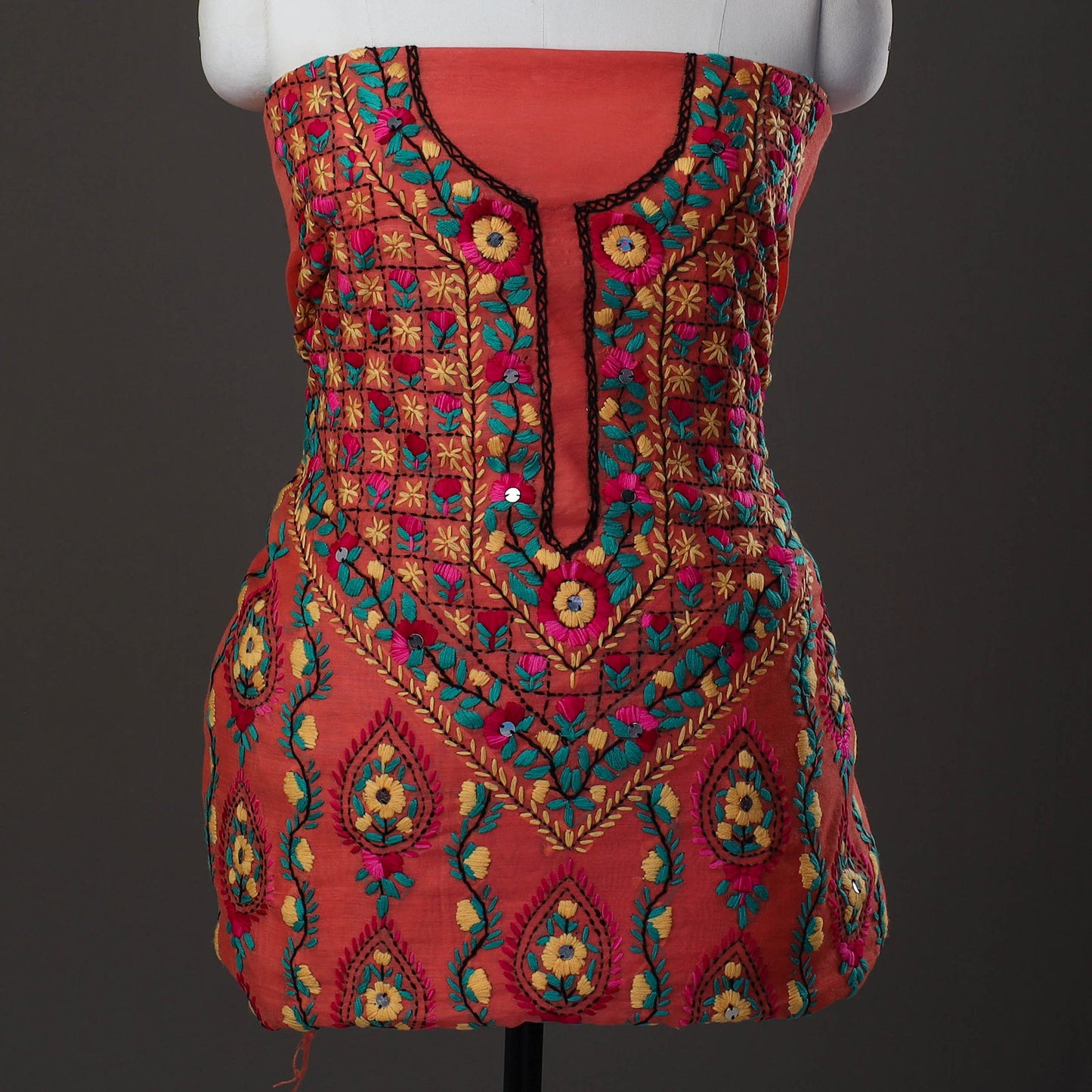 Red Phulkari Embroidery Dress Material 