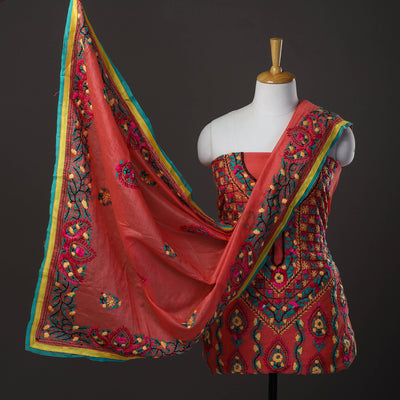 Red Phulkari Embroidery Dress Material 