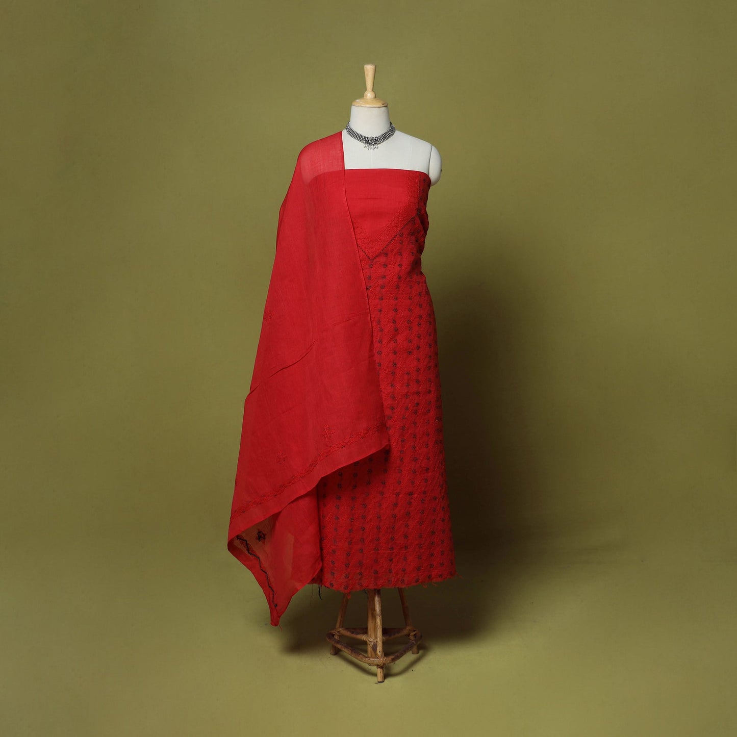 Red - 3pc hand embroidery cotton lucknow chikankari dress