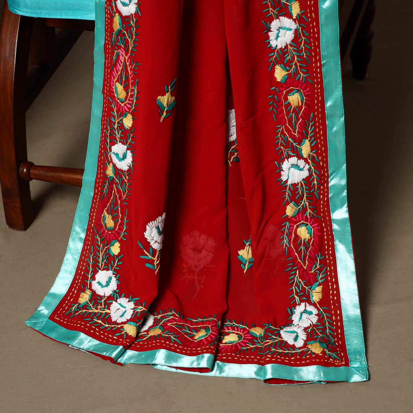 Red - 3pc hand embroidery georgette unstitched phulkari