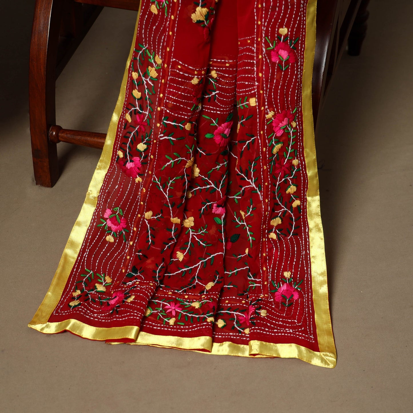 Red - 3pc hand embroidery georgette unstitched phulkari