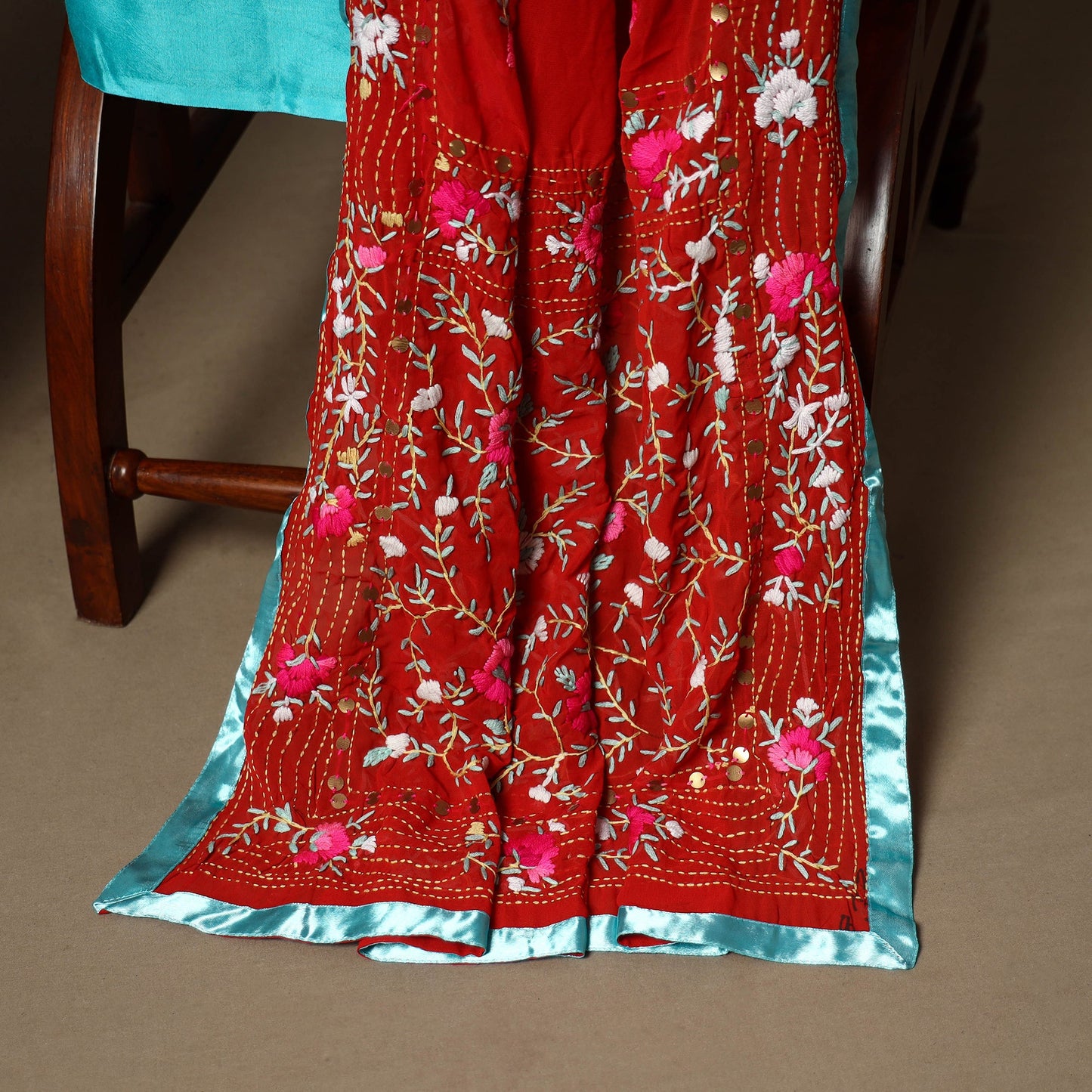 Red - 3pc hand embroidery georgette unstitched phulkari