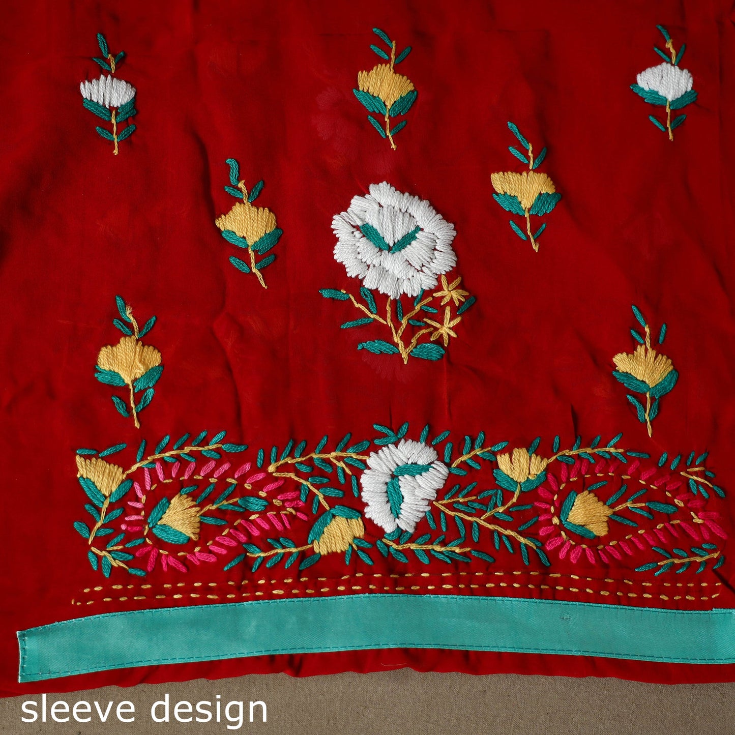 Red - 3pc hand embroidery georgette unstitched phulkari