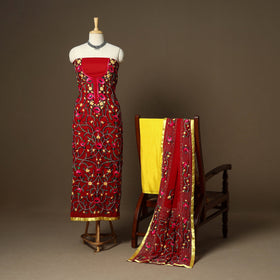 Red - 3pc hand embroidery georgette unstitched phulkari