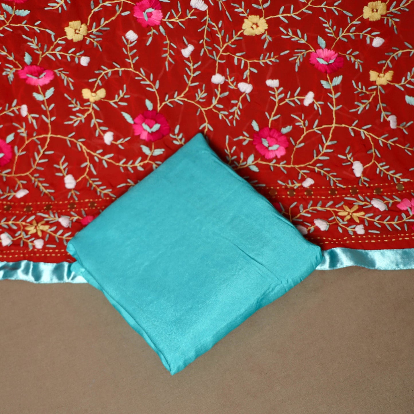 Red - 3pc hand embroidery georgette unstitched phulkari