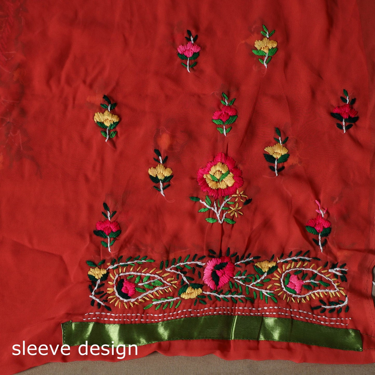 Red - 3pc hand embroidery georgette unstitched phulkari