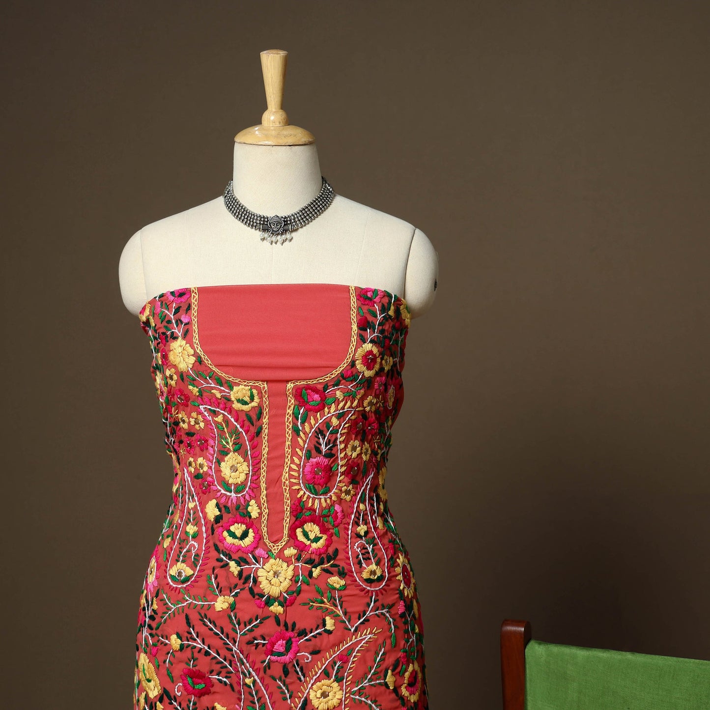 Red - 3pc hand embroidery georgette unstitched phulkari