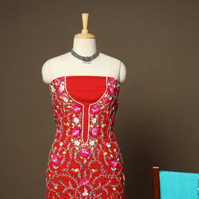 Red - 3pc hand embroidery georgette unstitched phulkari