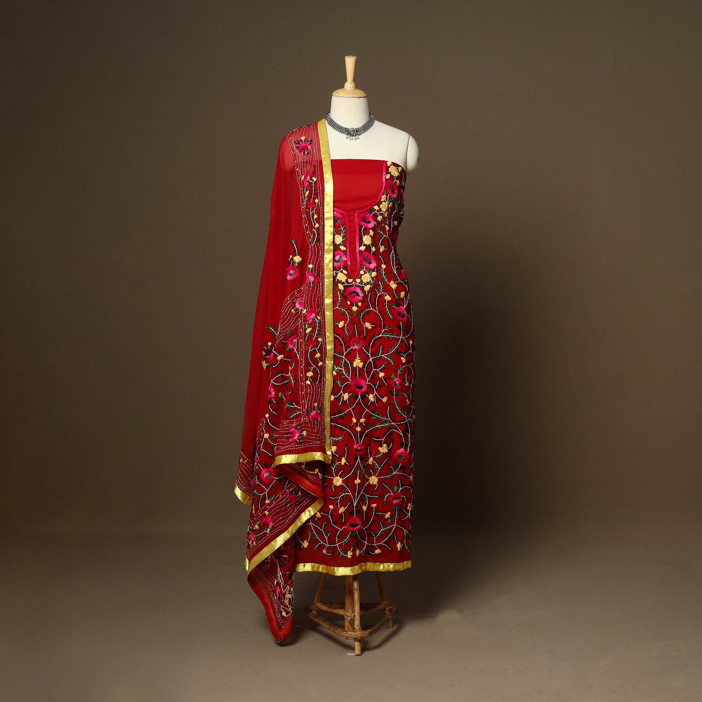 Red - 3pc hand embroidery georgette unstitched phulkari