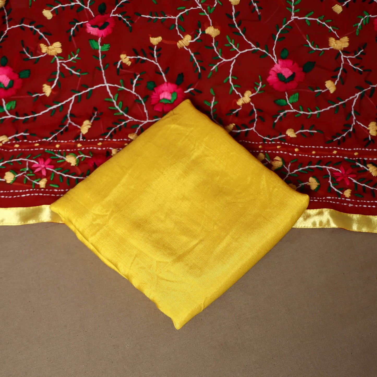 Red - 3pc hand embroidery georgette unstitched phulkari