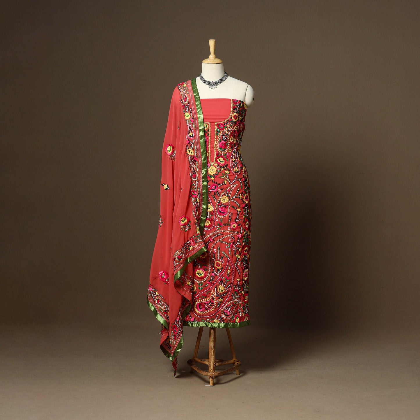 Red - 3pc hand embroidery georgette unstitched phulkari