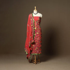 Red - 3pc hand embroidery georgette unstitched phulkari
