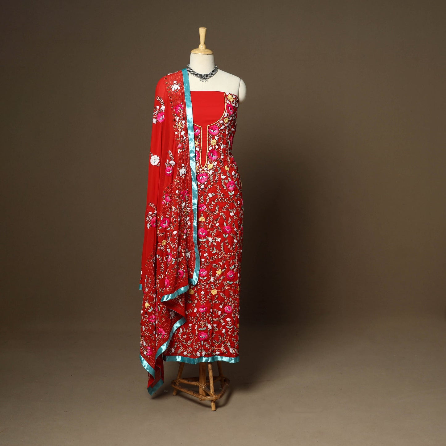 Red - 3pc hand embroidery georgette unstitched phulkari