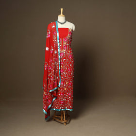 Red - 3pc hand embroidery georgette unstitched phulkari
