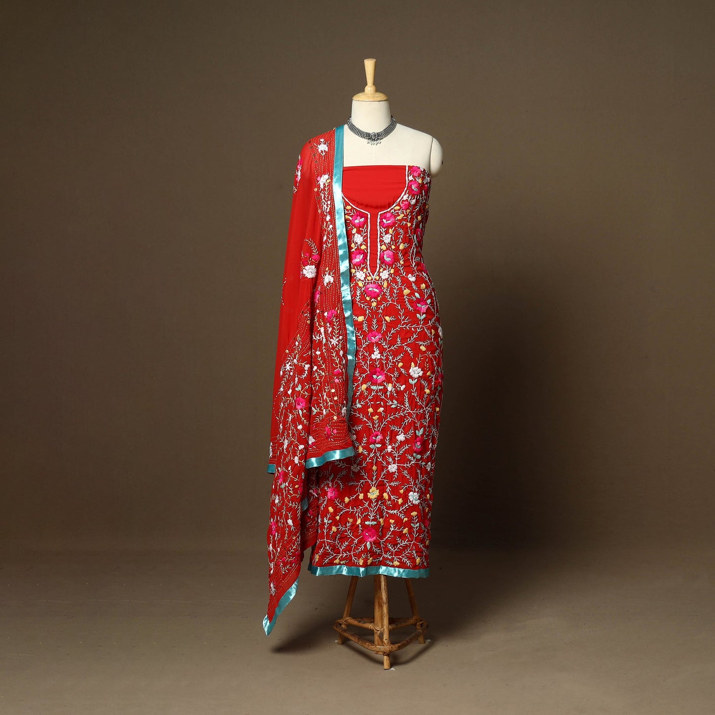 Red - 3pc hand embroidery georgette unstitched phulkari