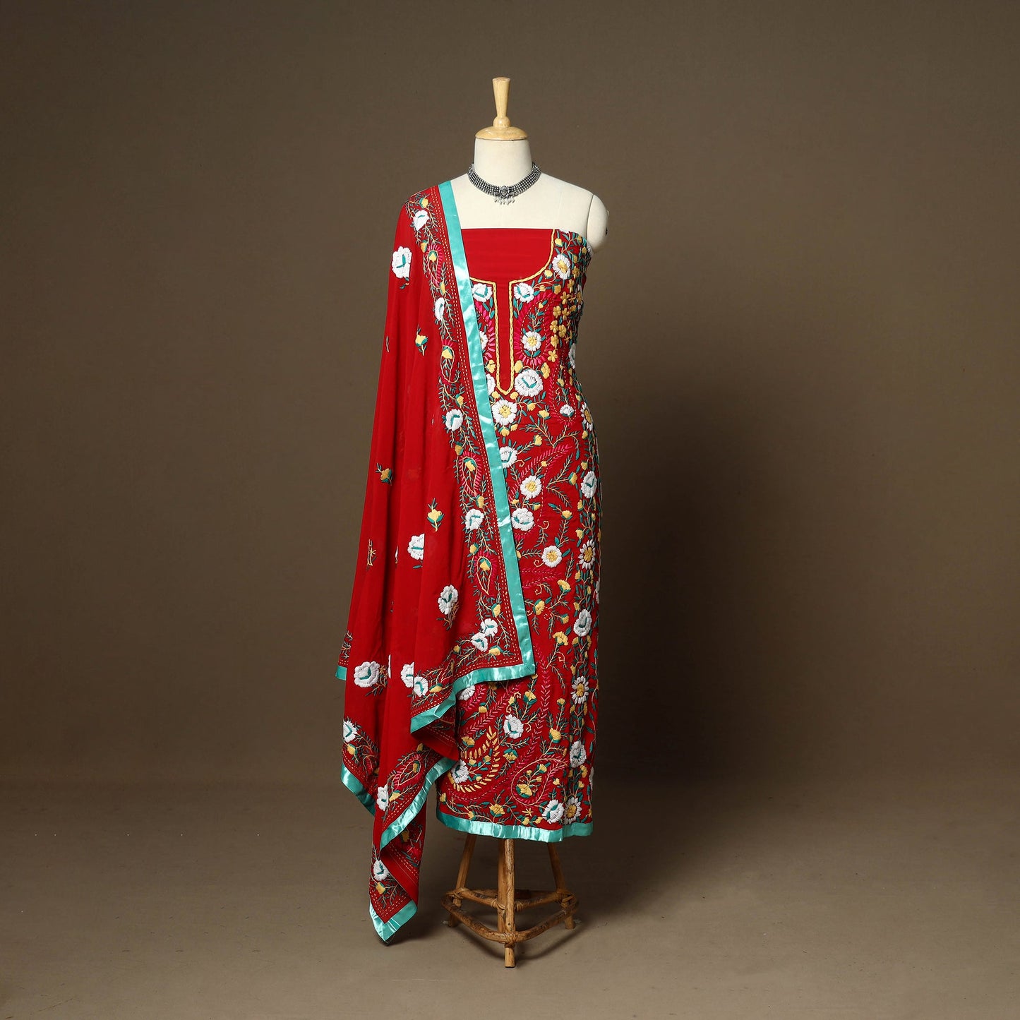 Red - 3pc hand embroidery georgette unstitched phulkari