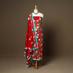 Red - 3pc hand embroidery georgette unstitched phulkari
