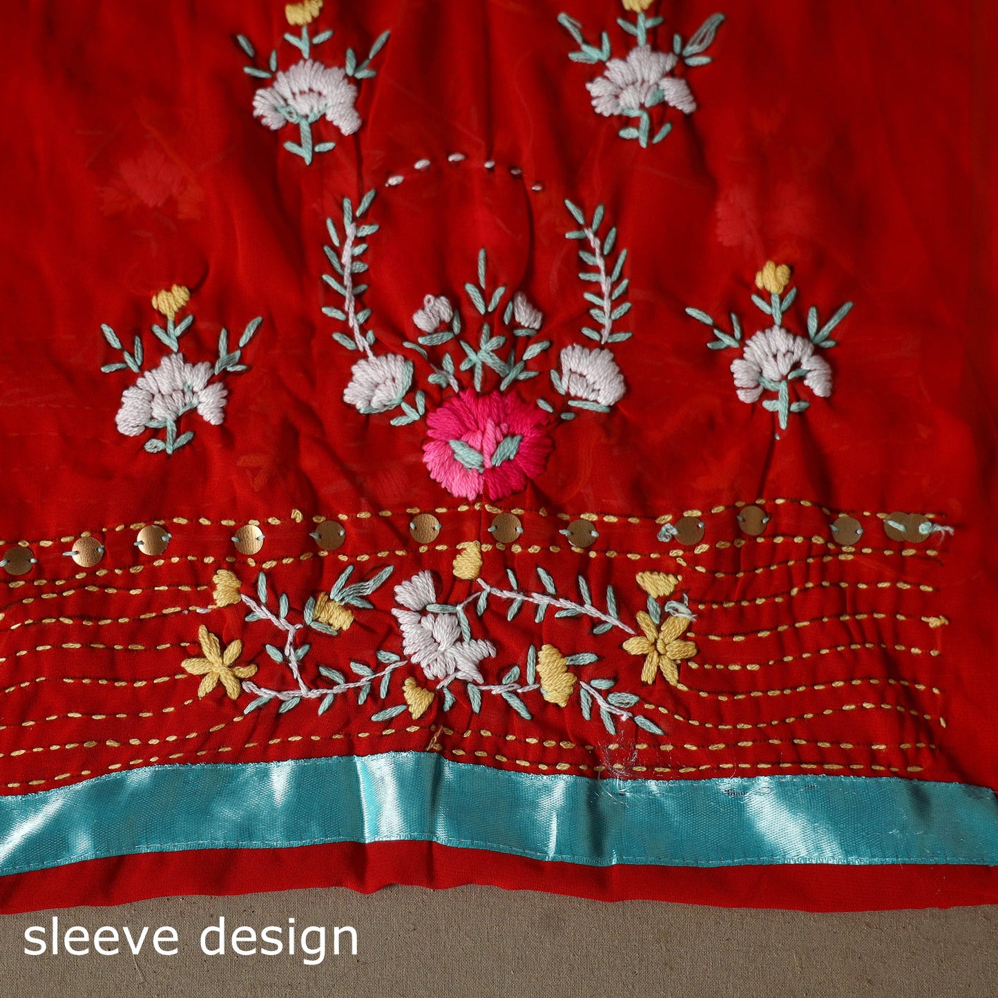 Red - 3pc hand embroidery georgette unstitched phulkari