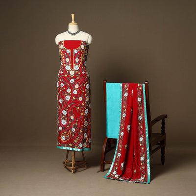 Red - 3pc hand embroidery georgette unstitched phulkari