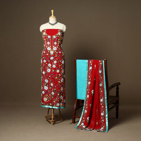 Red - 3pc hand embroidery georgette unstitched phulkari