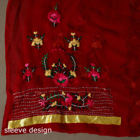 Red - 3pc hand embroidery georgette unstitched phulkari