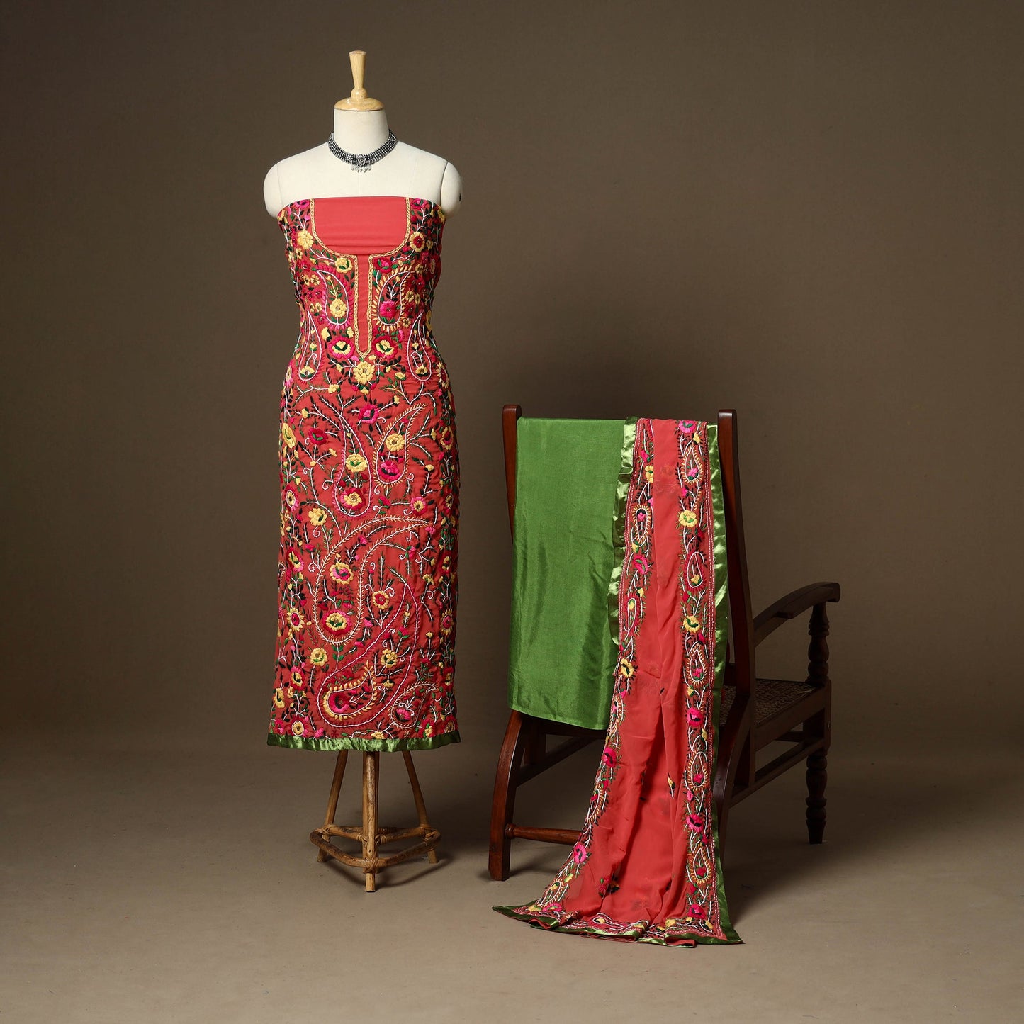 Red - 3pc hand embroidery georgette unstitched phulkari