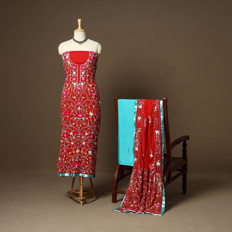 Red - 3pc hand embroidery georgette unstitched phulkari