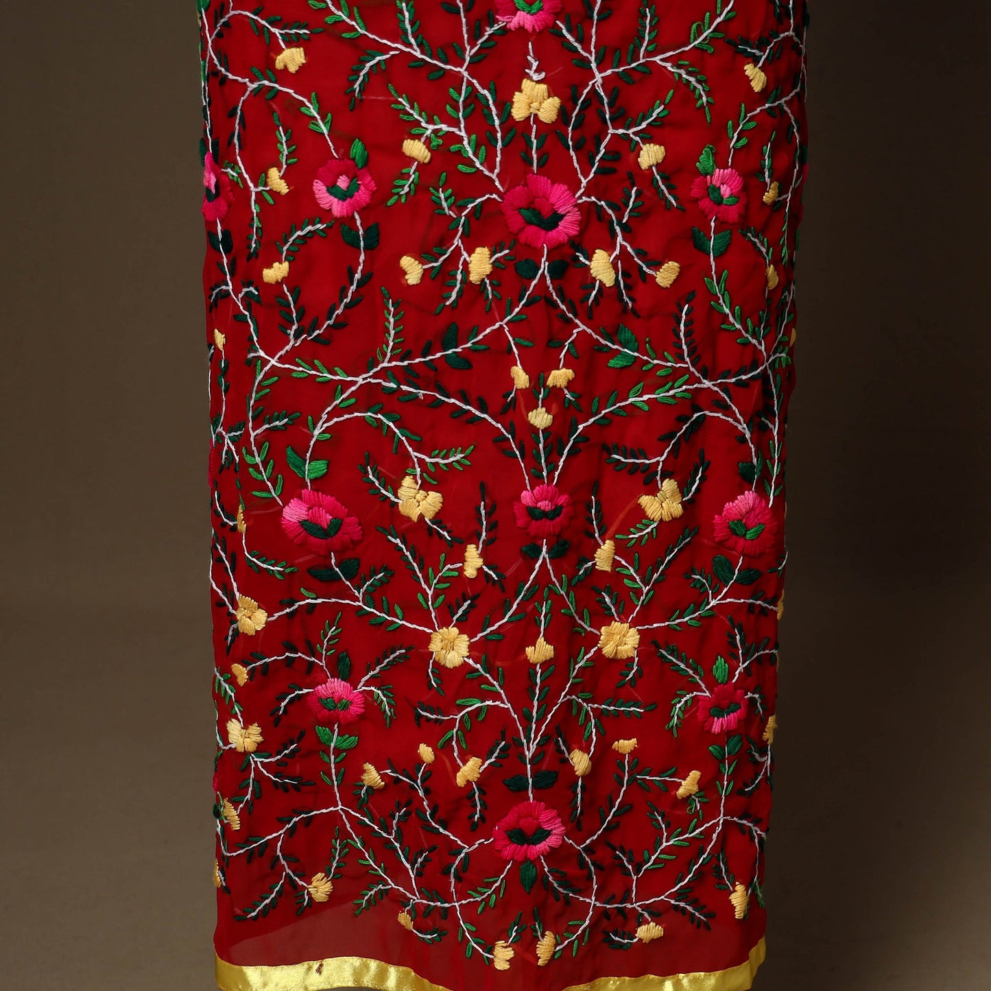 Red - 3pc hand embroidery georgette unstitched phulkari