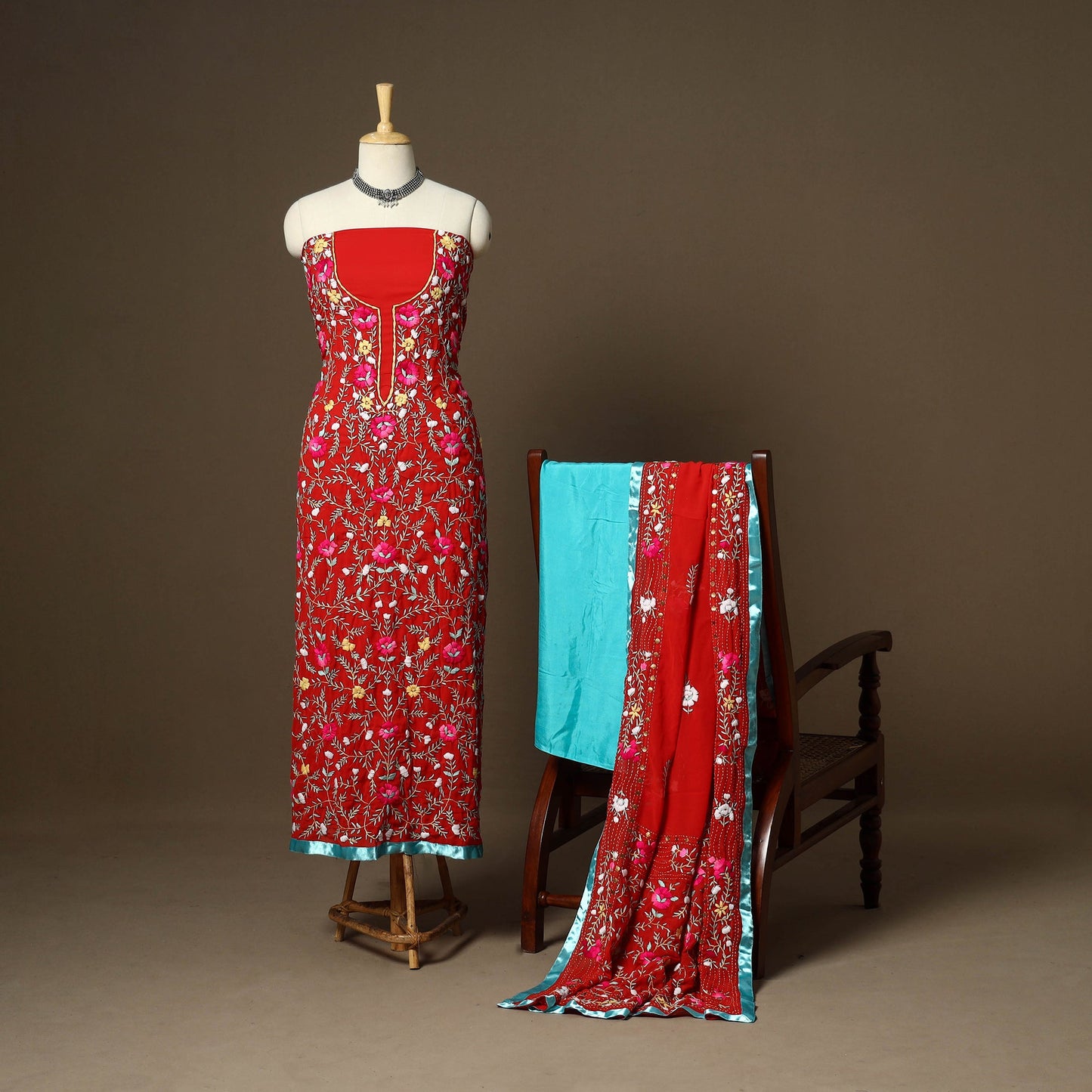 Red - 3pc hand embroidery georgette unstitched phulkari