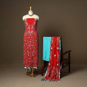 Red - 3pc hand embroidery georgette unstitched phulkari