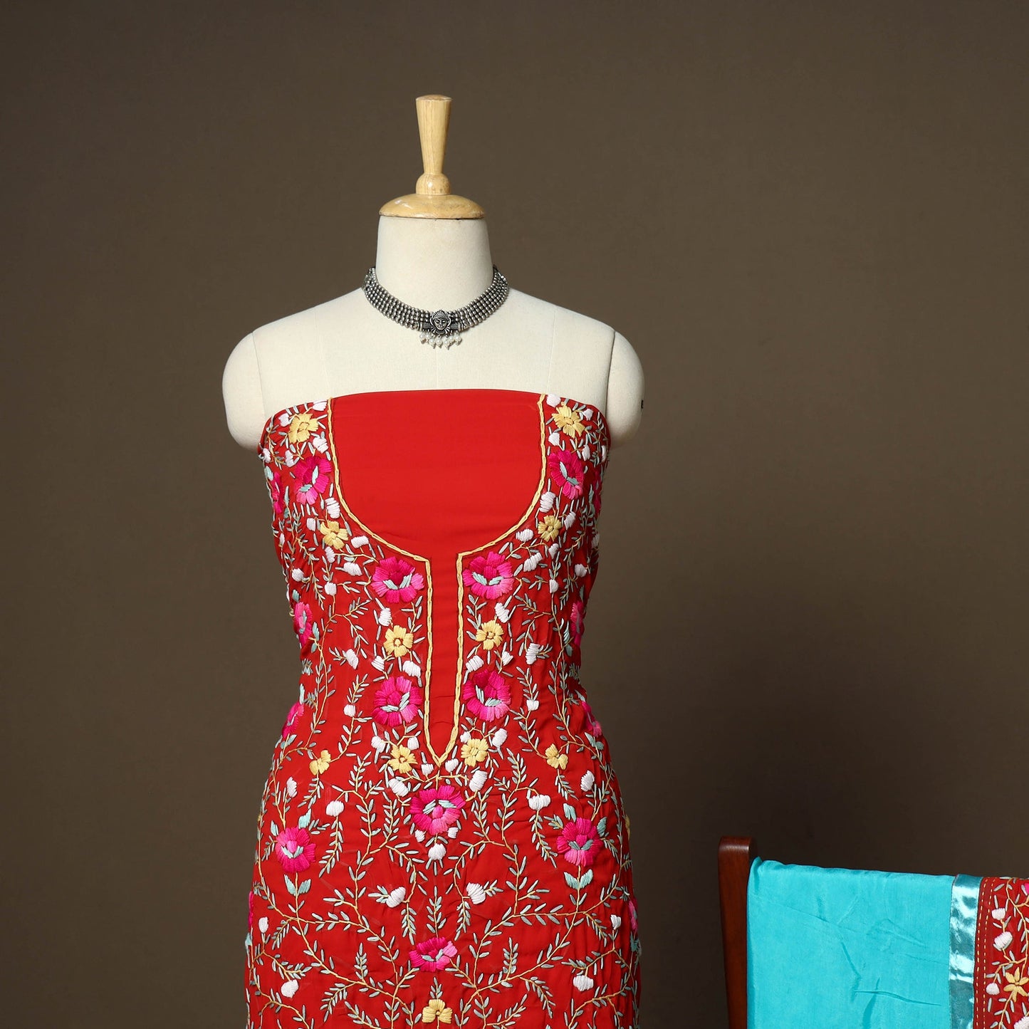 Red - 3pc hand embroidery georgette unstitched phulkari