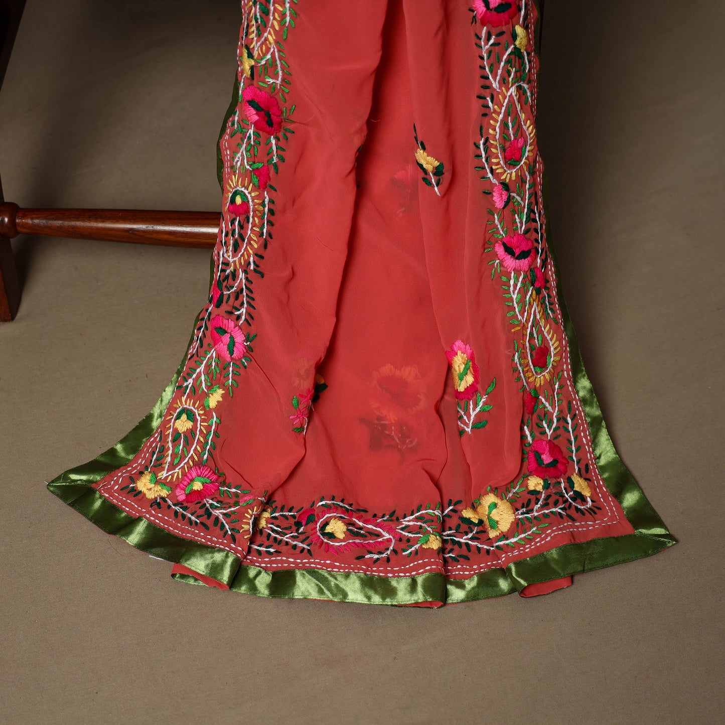 Red - 3pc hand embroidery georgette unstitched phulkari