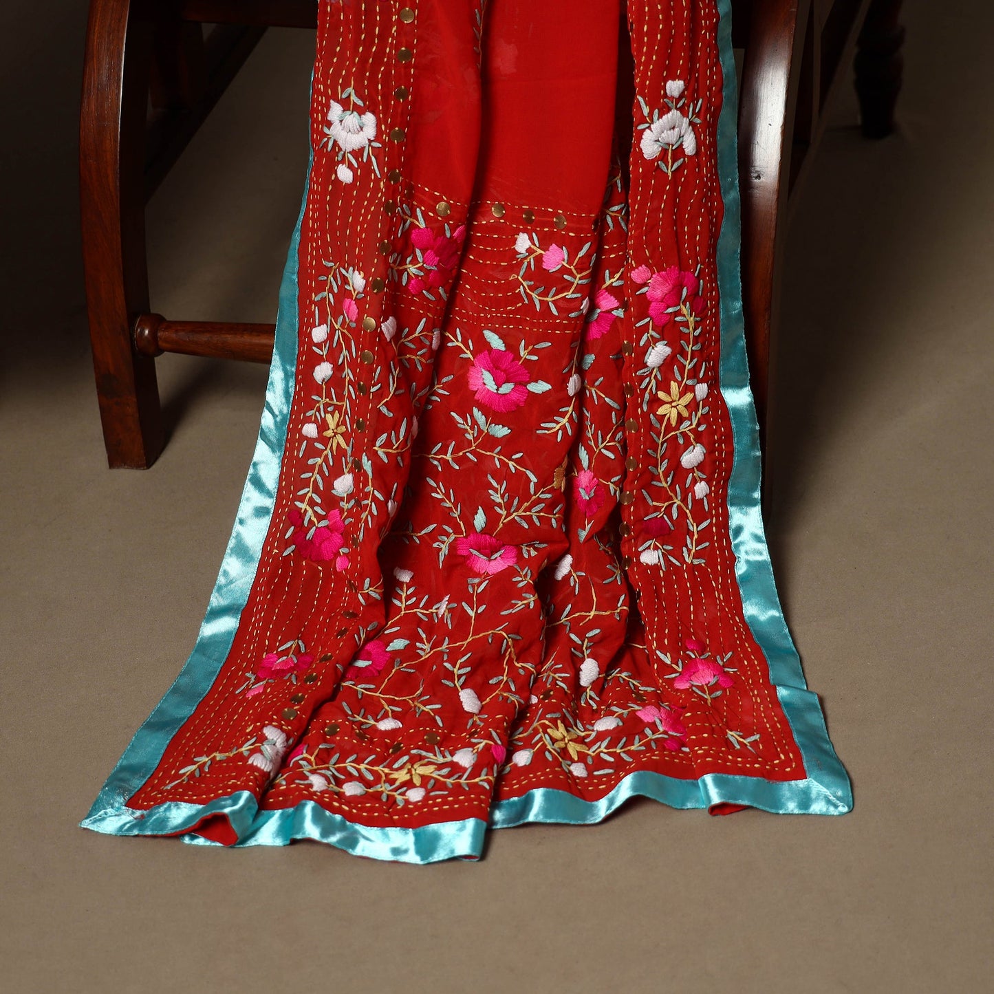 Red - 3pc hand embroidery georgette unstitched phulkari