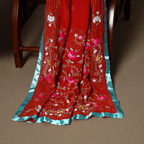 Red - 3pc hand embroidery georgette unstitched phulkari