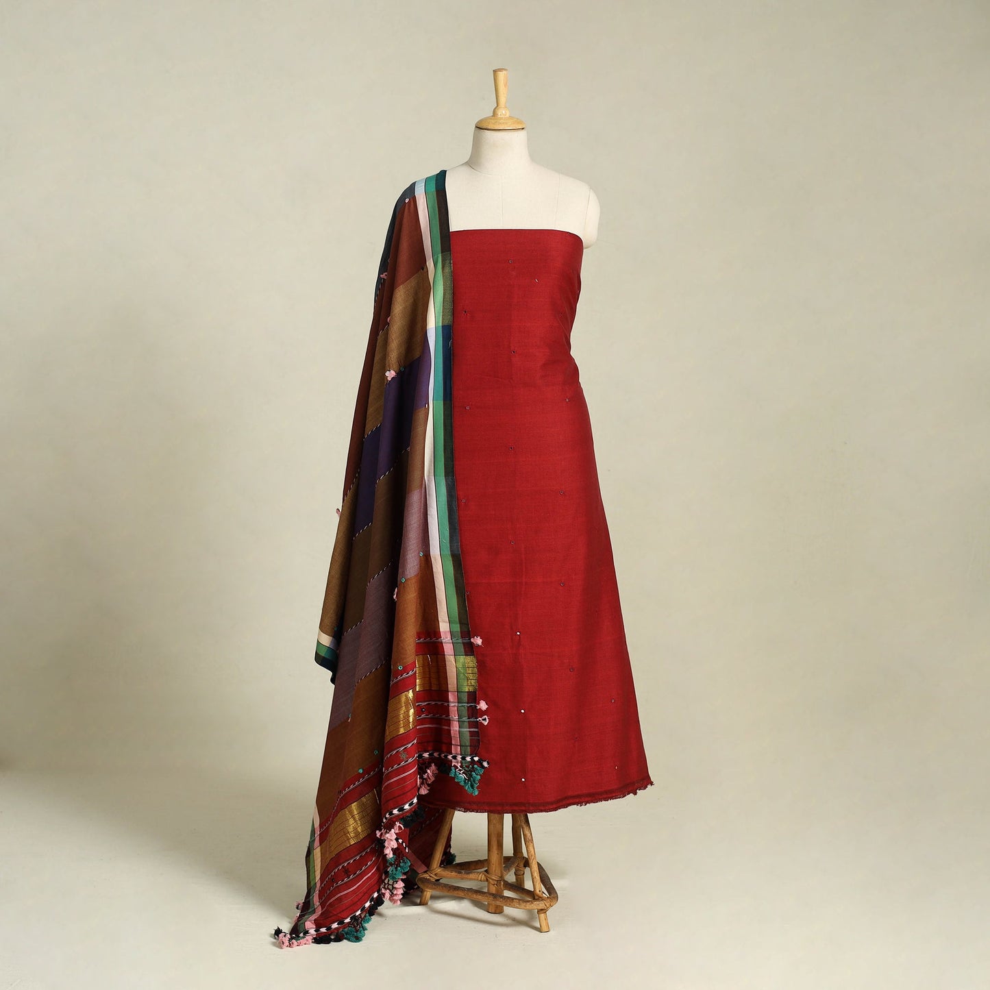  Red 3pc Handloom Cotton Kutch Bhujodi Dress Material