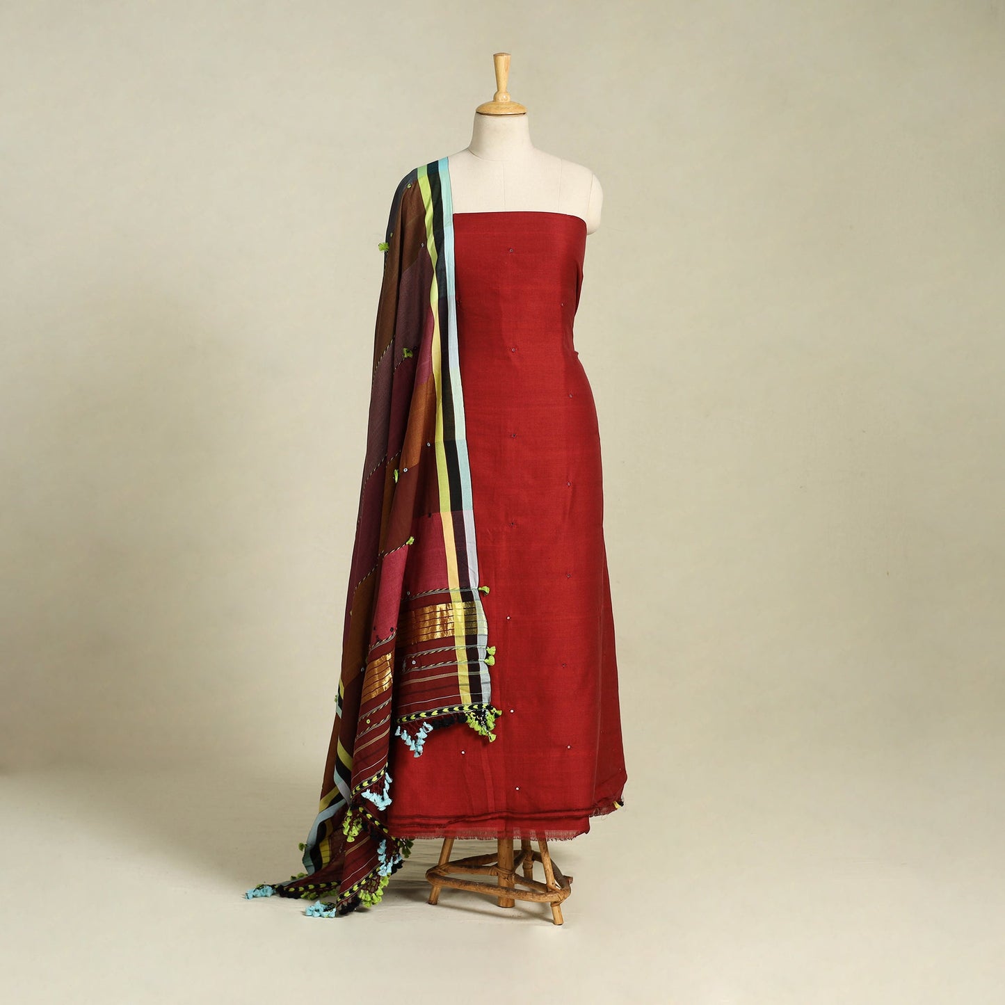  Red 3pc Handloom Cotton Kutch Bhujodi Dress Material